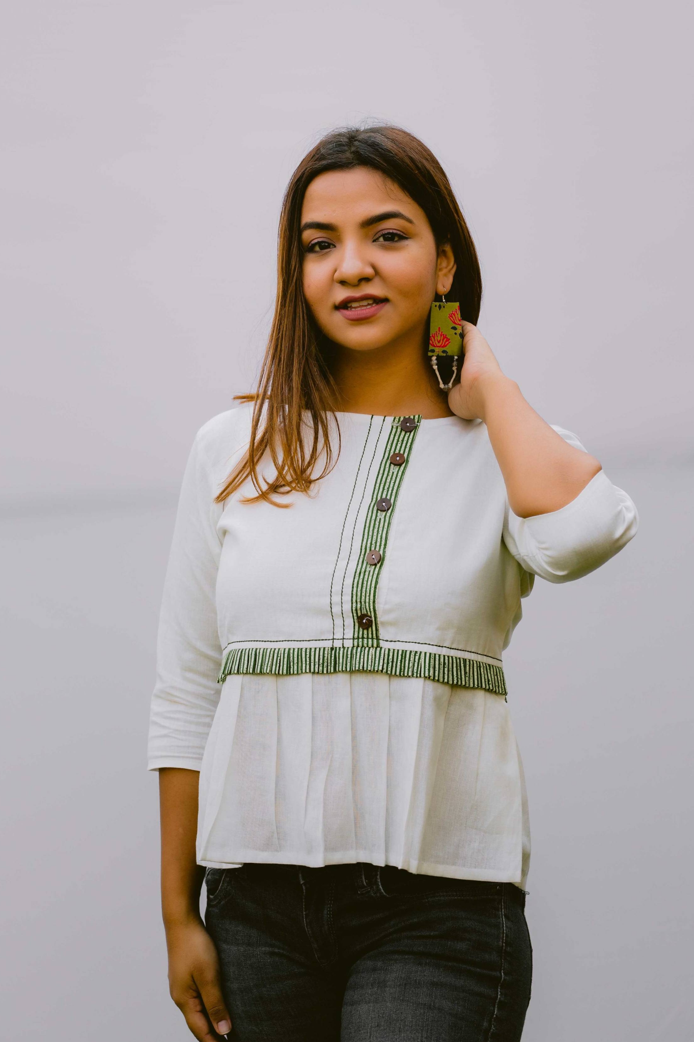 Off White Peplum Top With Wooden Buttons