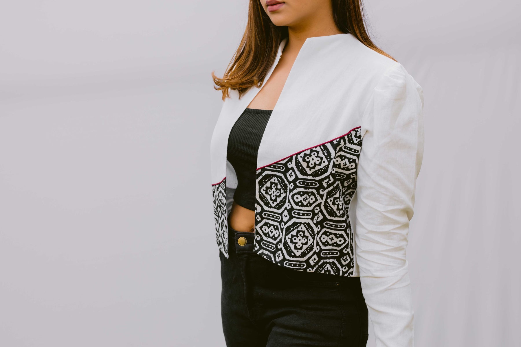 White Jacket With B/W Printed Fabric